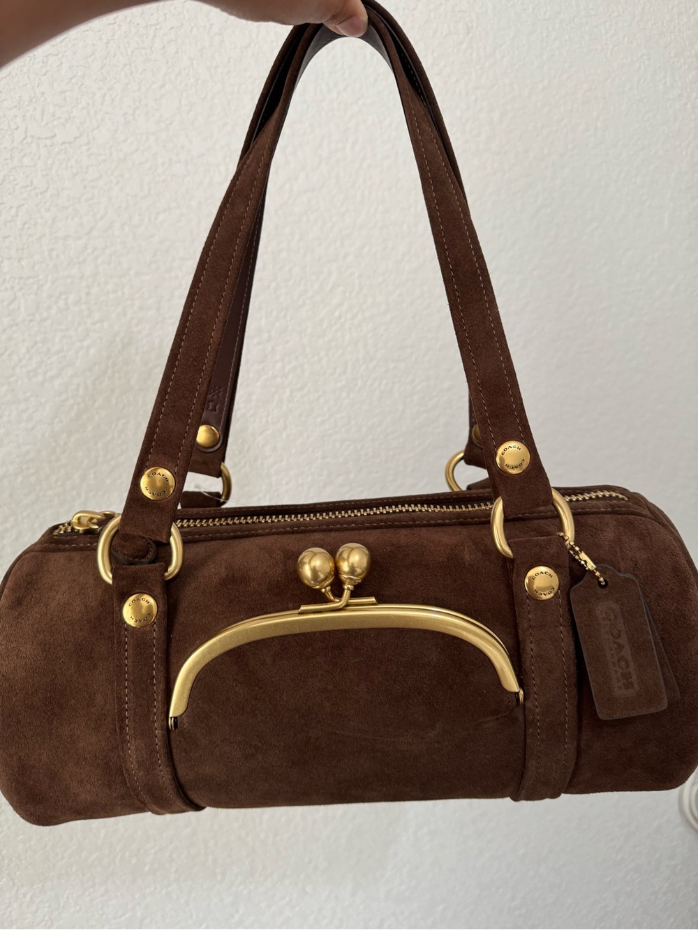 Coach Kisslock Barrel Bag in Brown/Chocolate Suede